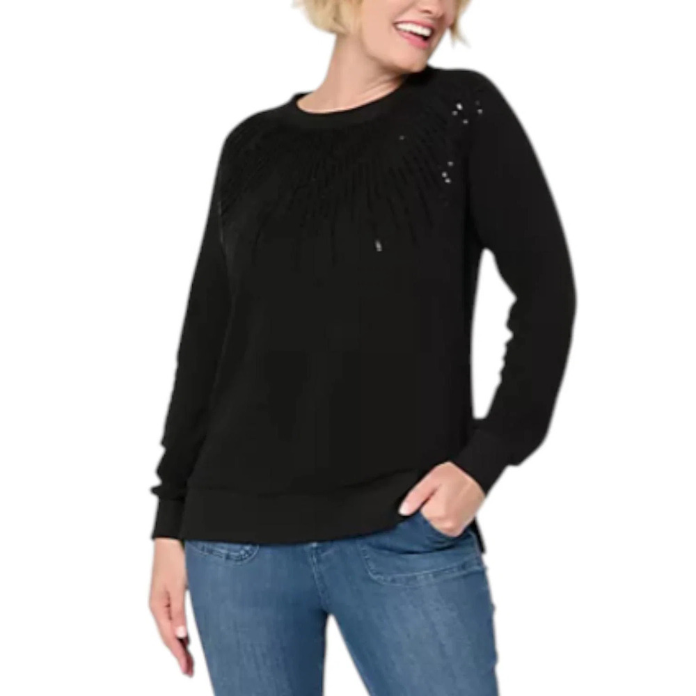 Jingle Belles by Kim Gravel Women's Starburst Sequin Knit Top Black - Regular